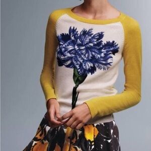 Samantha Sung 100% Cashmere Floral yellow cream crewneck pullover sqeater